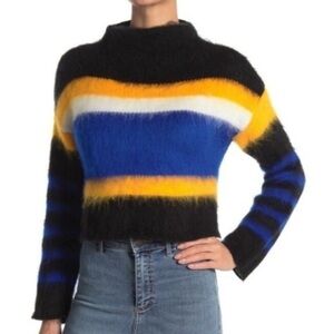 Women's Black Yellow Blue Colorblock Fuzzy Sweater Size XL NEW